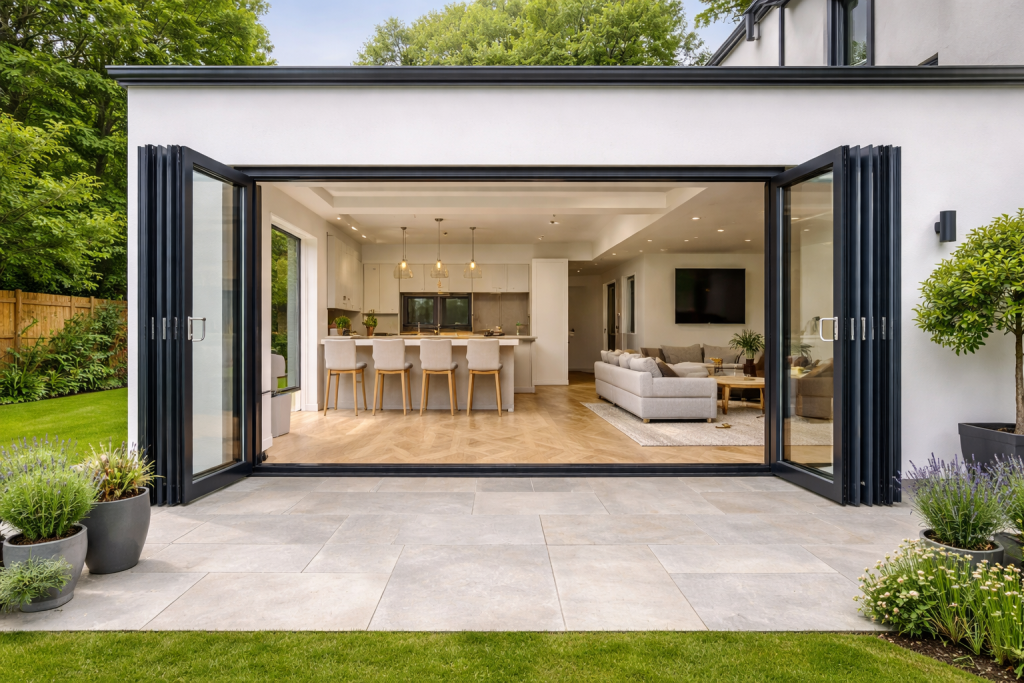 Bifold doors fully open across a wide rear opening