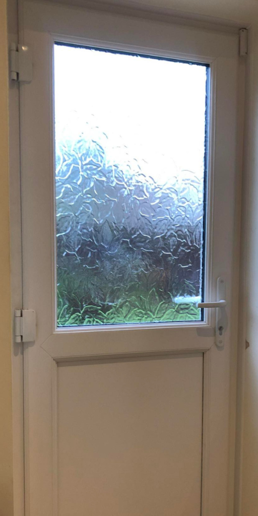 Frosted glass panel providing privacy and natural light for composite back door.