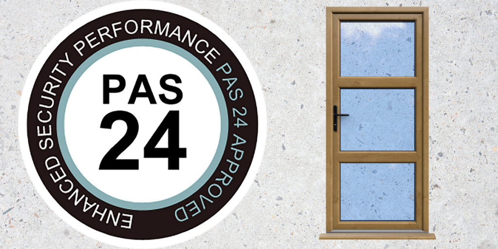 PAS 24 and Secured by Design certification logos displayed beside a modern white uPVC door supplied by Doorland UK