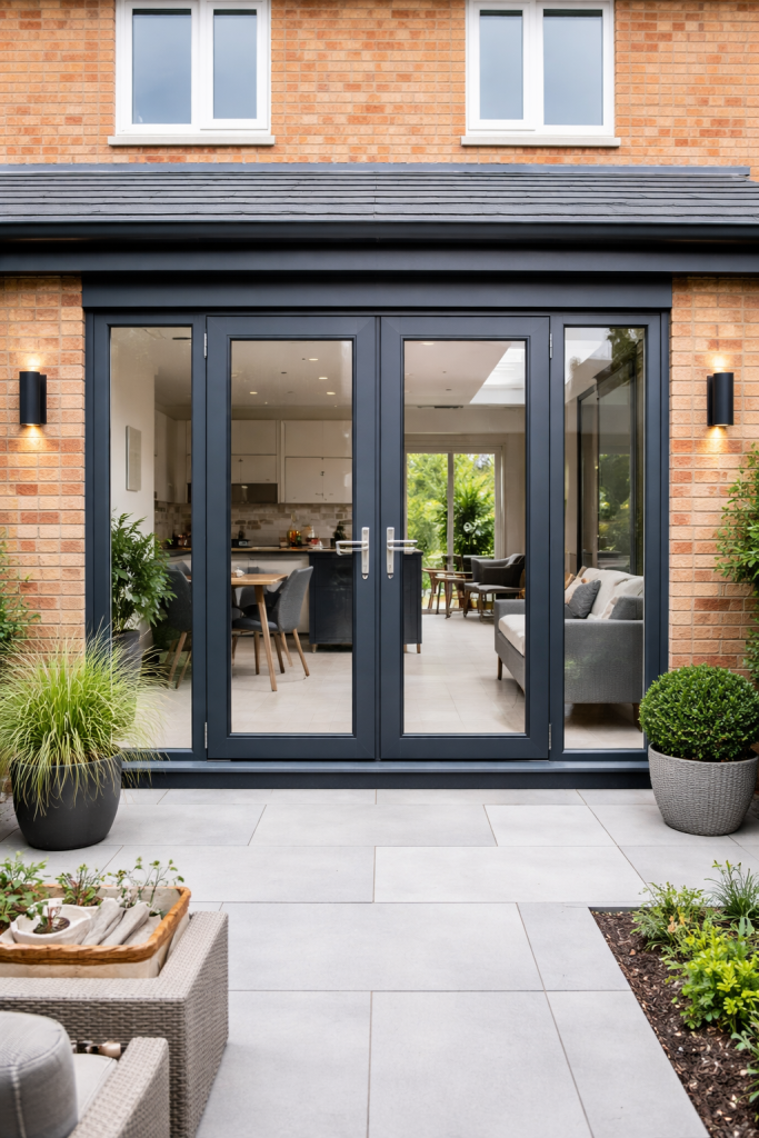 Grey uPVC French doors fitted to a modern rear extension 