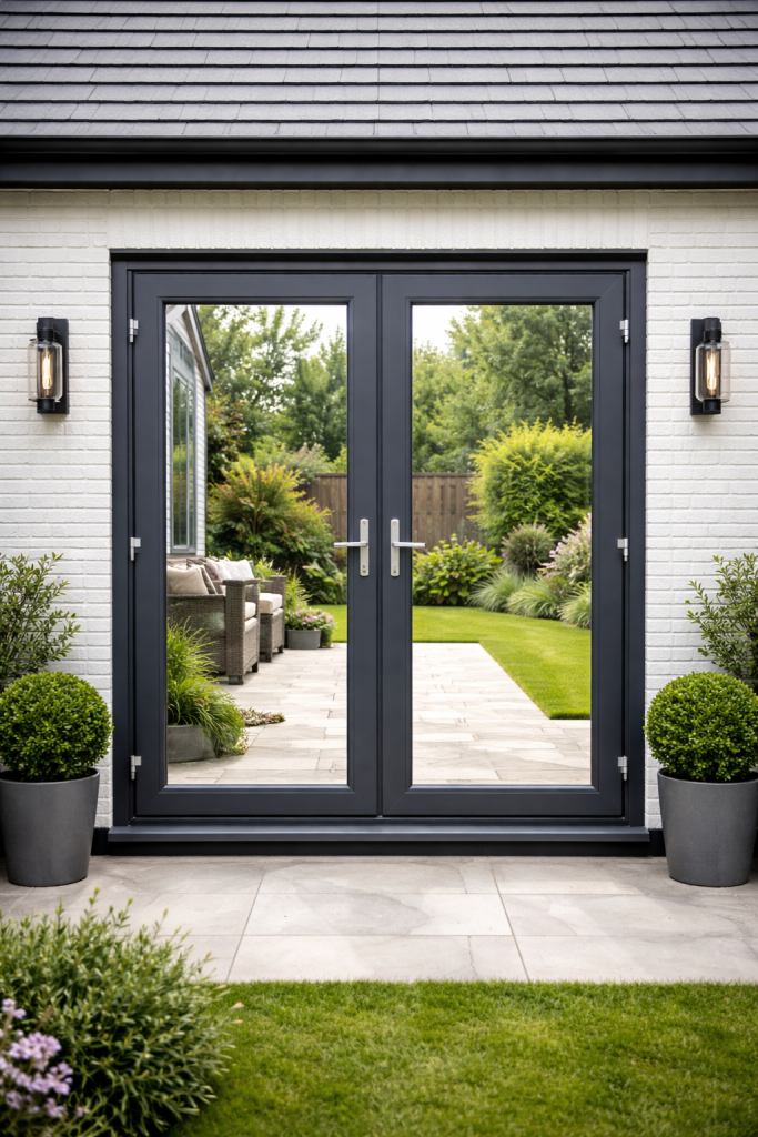 Grey uPVC French doors showing modern exterior finish