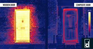 Energy efficient composite front door reducing heat loss UK.