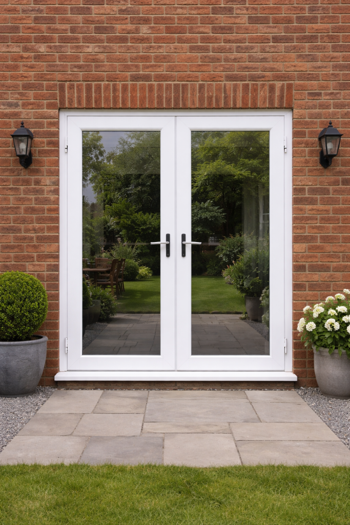 Made to measure uPVC French doors fitted neatly into brickwork