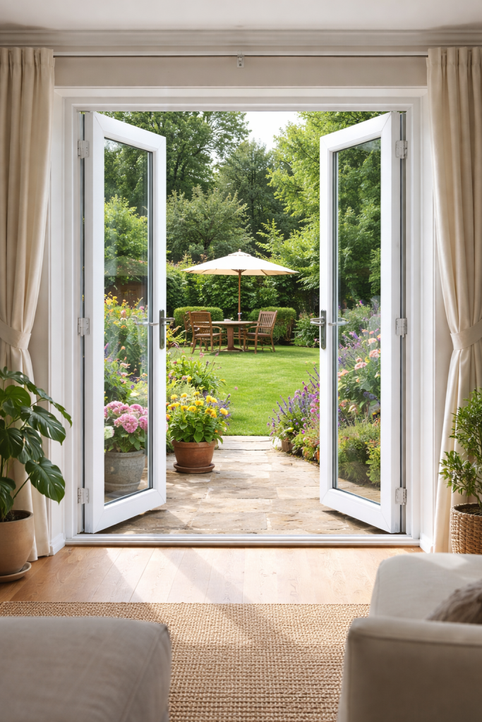 White uPVC French doors opening out to a UK garden. Buy uPVC French Doors Online with confidence. Made to measure, secure and energy efficient. UK supply only with expert advice from Doorland.