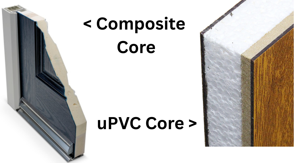 Cross-section diagram comparing composite door layers vs uPVC door structure.