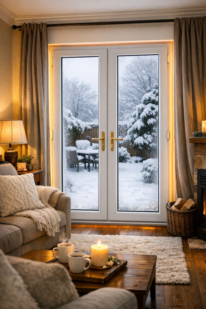 uPVC French doors keeping living room warm in winter 